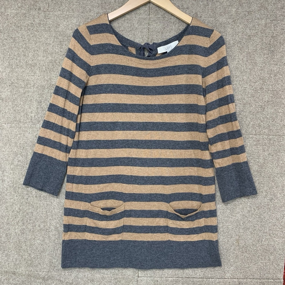 LOFT Sweater Dress Size M Striped Knit 3/4 Sleeve Pullover Casual Academia